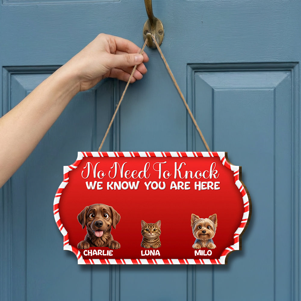 Personalized Christmas Pet Door Sign – “No Need to Knock, We Know You Are Here” – Cat & Dog Wooden Sign