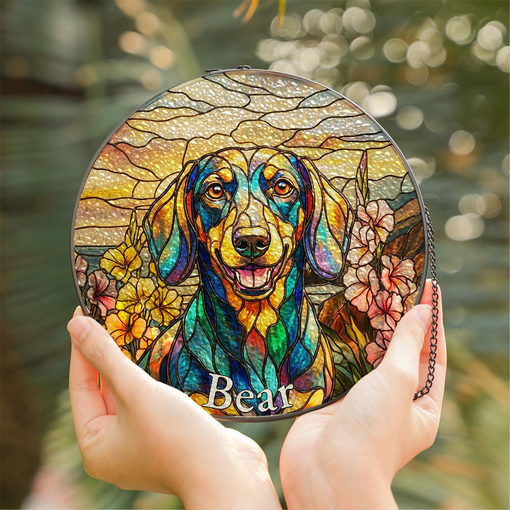 Personalized Dachshund & Flowers Stained Glass Ornament