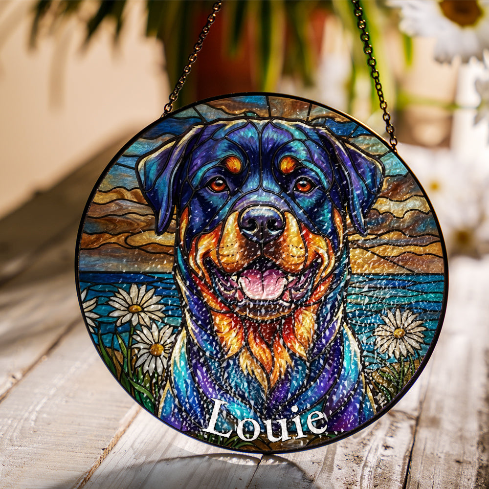Personalized Rottweiler & Daisy Stained Glass Ornament