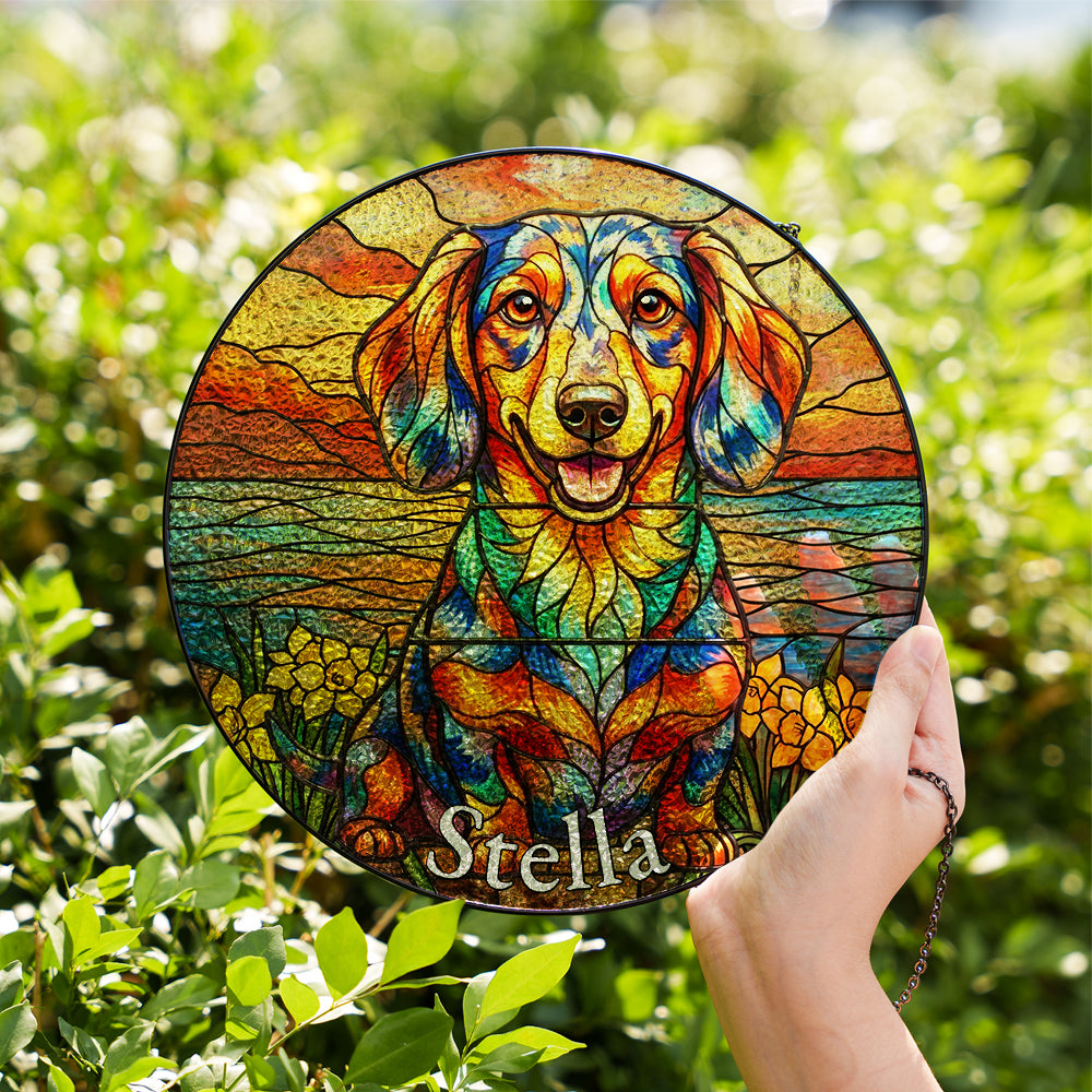 Personalized Dachshund & Daffodil Stained Glass Ornament