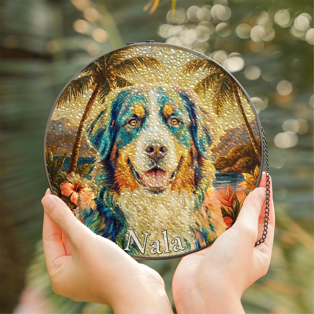 Personalized Tropical Dog Portrait Stained Glass Ornament