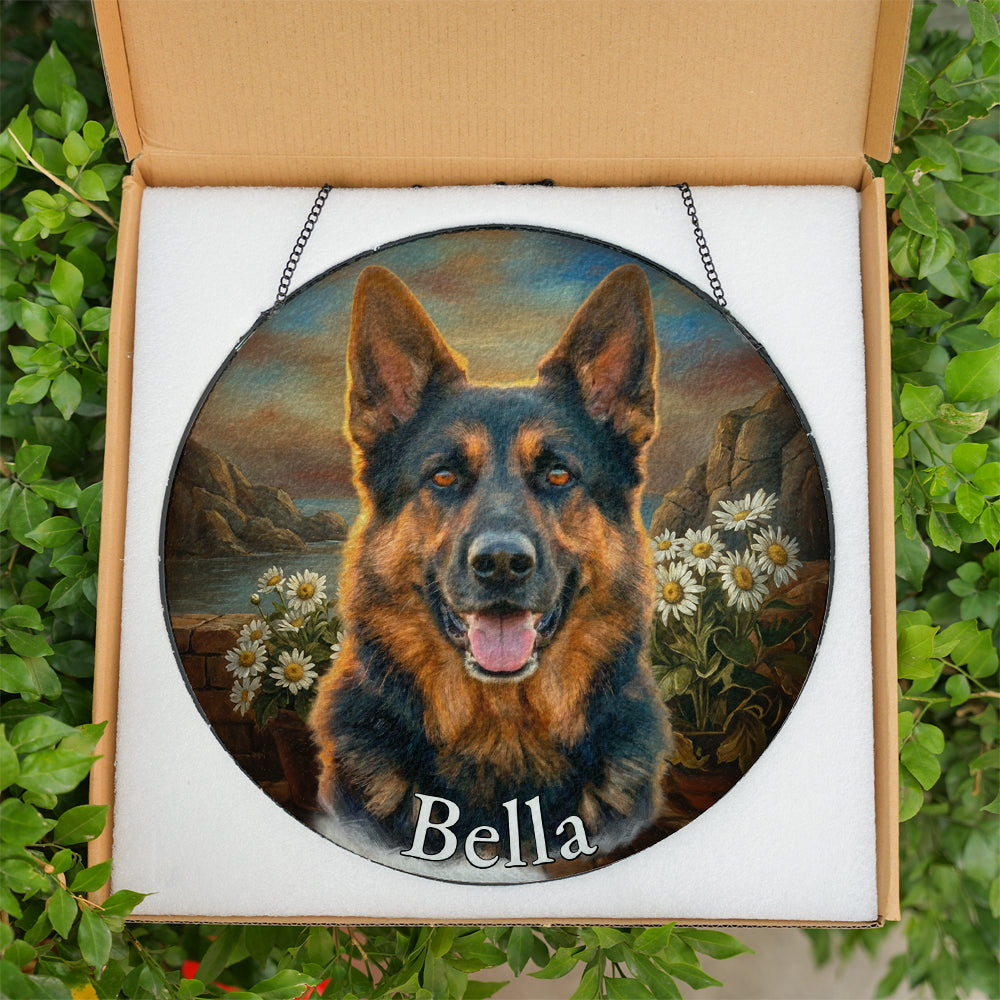 Personalized German Shepherd Daisies Stained Glass Ornament