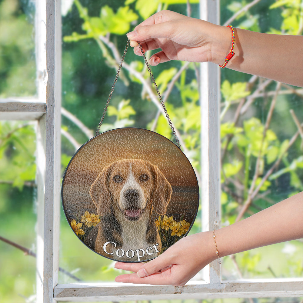 Personalized Beagle & Daffodil Stained Glass Ornament