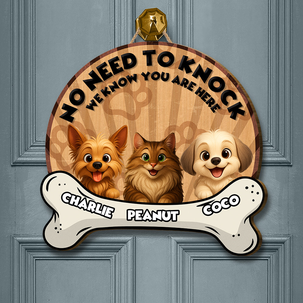 Personalized Bone Shaped Door Sign - No Need To Knock - Up to 6 Cats and/or Dogs
