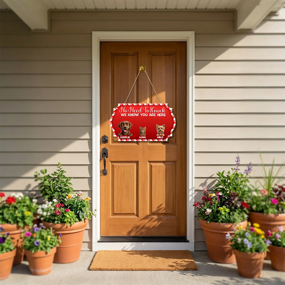 Personalized Christmas Pet Door Sign – “No Need to Knock, We Know You Are Here” – Cat & Dog Wooden Sign