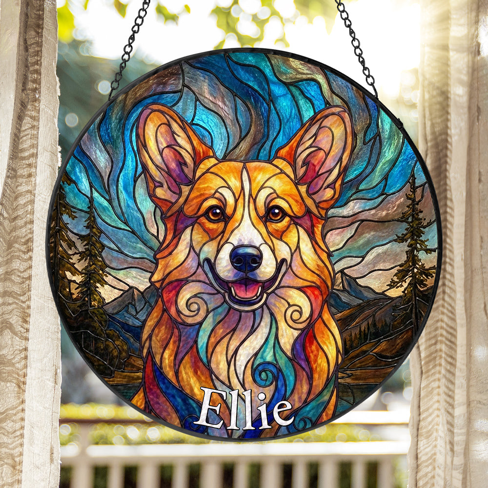 Personalized Corgi Mountainscape Stained Glass Ornament