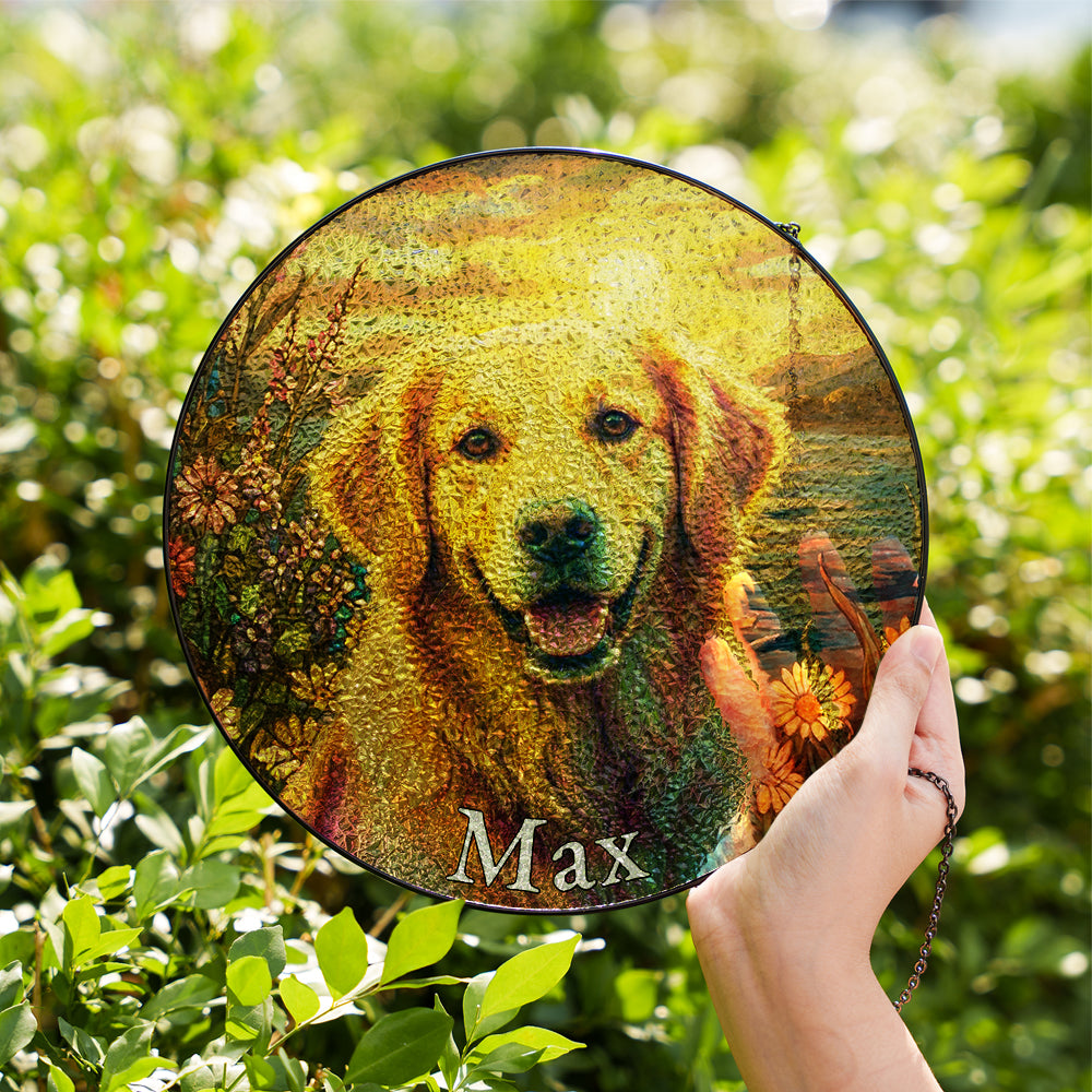 Personalized Floral Golden Retriever Stained Glass Ornament