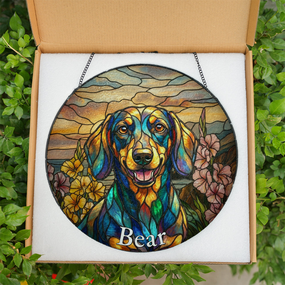 Personalized Dachshund & Flowers Stained Glass Ornament