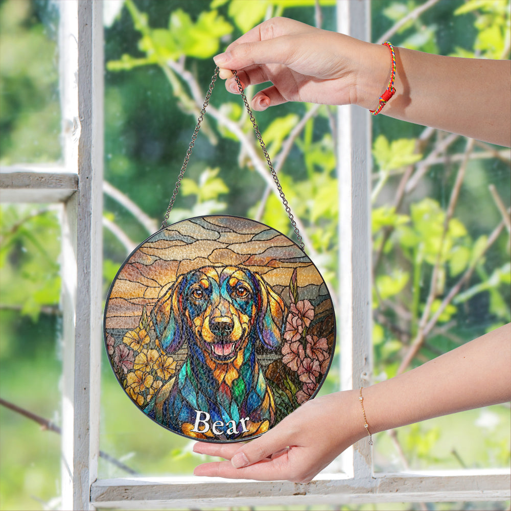 Personalized Dachshund & Flowers Stained Glass Ornament