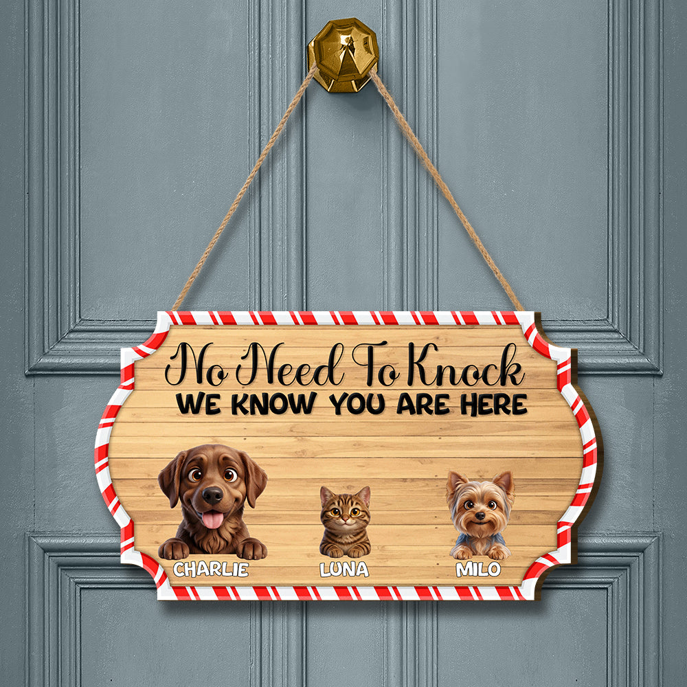 Personalized Christmas Pet Door Sign – “No Need to Knock, We Know You Are Here” – Cat & Dog Wooden Sign - Upload Photo