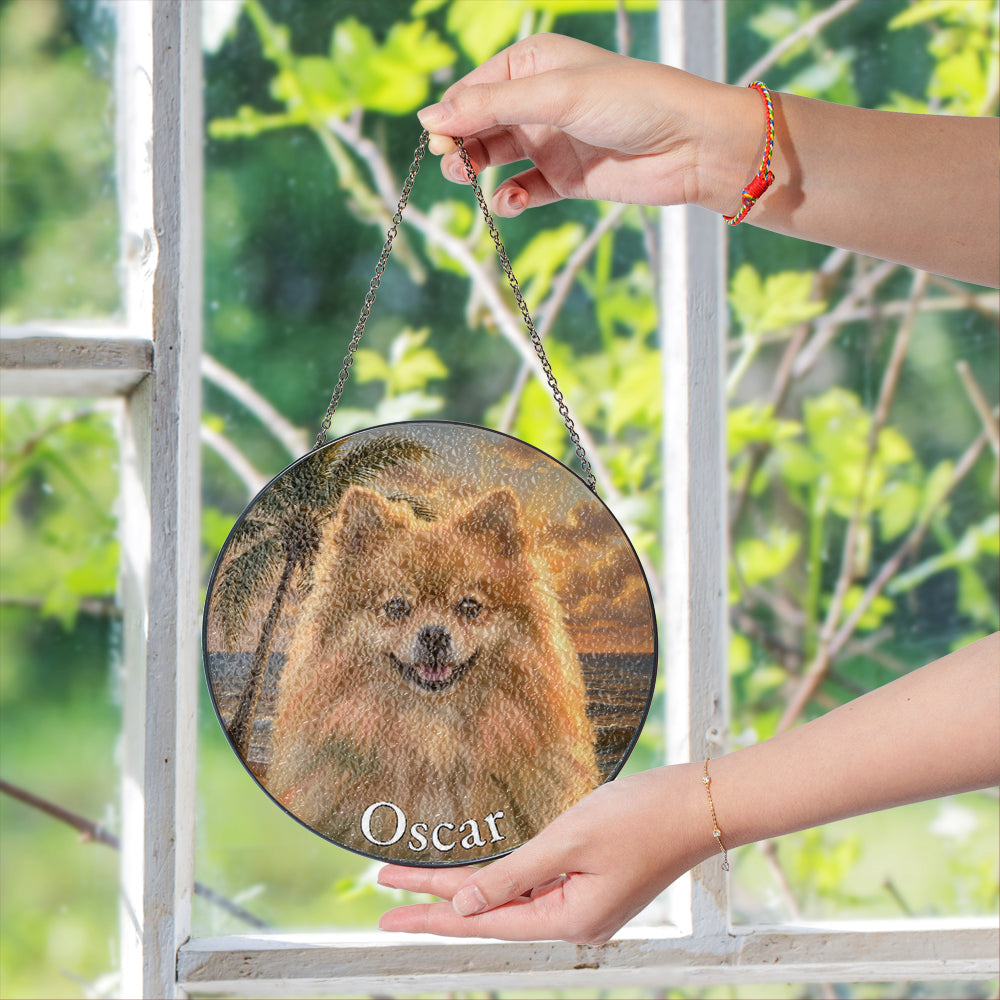 Personalized Pet Portrait Sunset Stained Glass Ornament