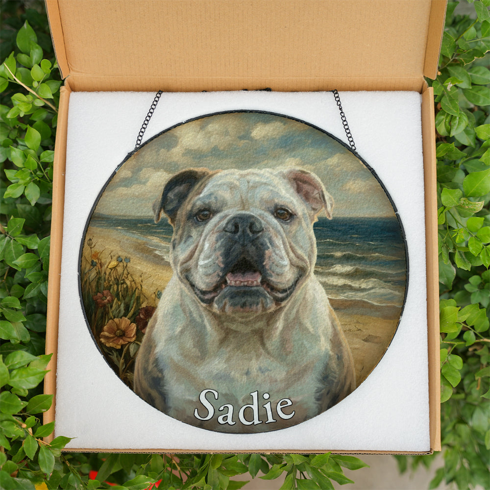 Personalized Bulldog At The Beach Stained Glass Ornament