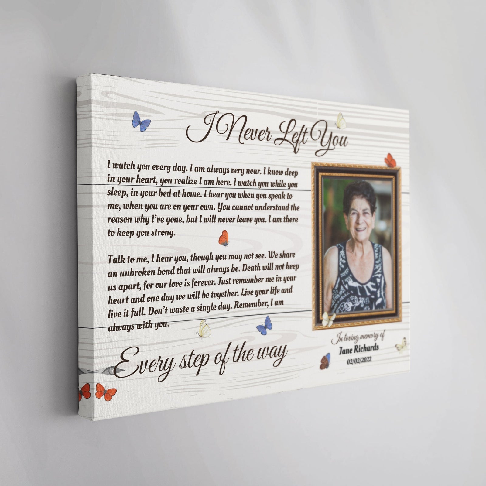 I Never Left You Memorial Canvas – Personalized Photo Frame with Butterflies, Bereavement Gift, Sympathy Wall Art