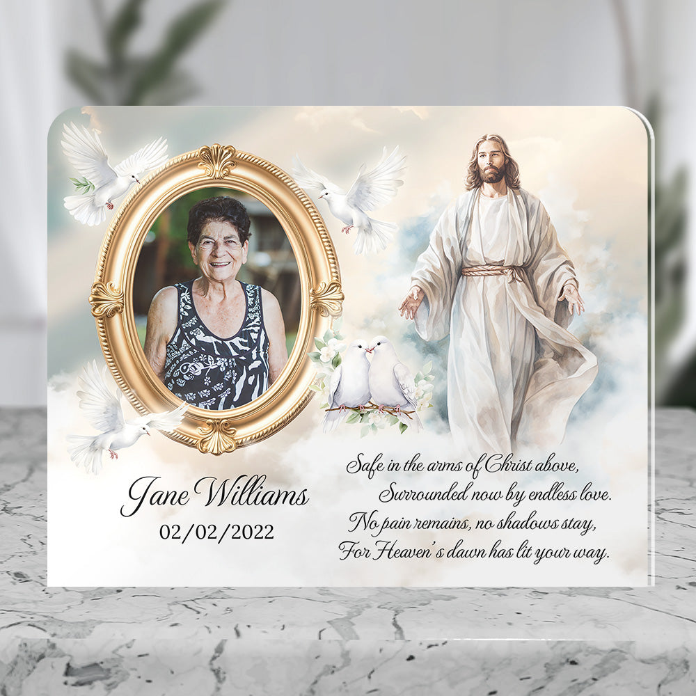 Personalized Memorial Plaque with Photo – Jesus & Doves, “Safe in the Arms of Christ” Sympathy Gift