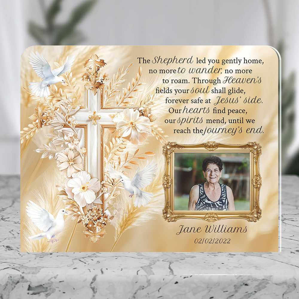 Personalized Memorial Plaque with Photo – Golden Cross & Doves, “Journey’s End” Christian Sympathy Gift