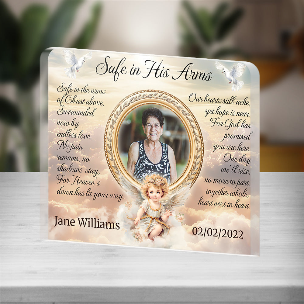 Personalized Memorial Plaque with Photo – Cherub & Doves, “Safe in His Arms” Sympathy Gift