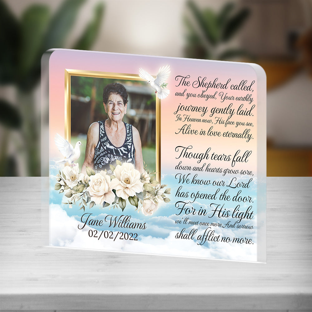 Personalized Memorial Plaque with Photo – White Roses & Doves, “The Shepherd Called” Sympathy Gift