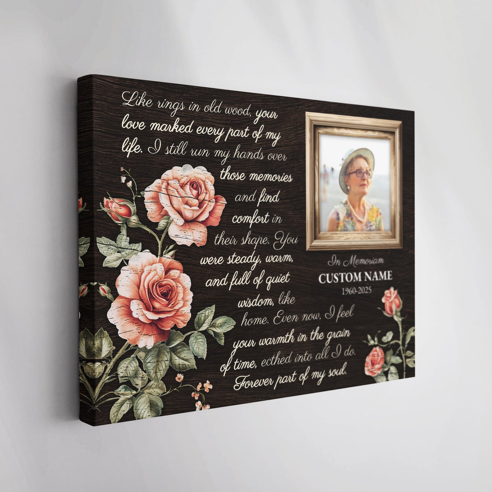 Personalized Memorial Canvas – Rustic Floral Tribute with Custom Photo & Name