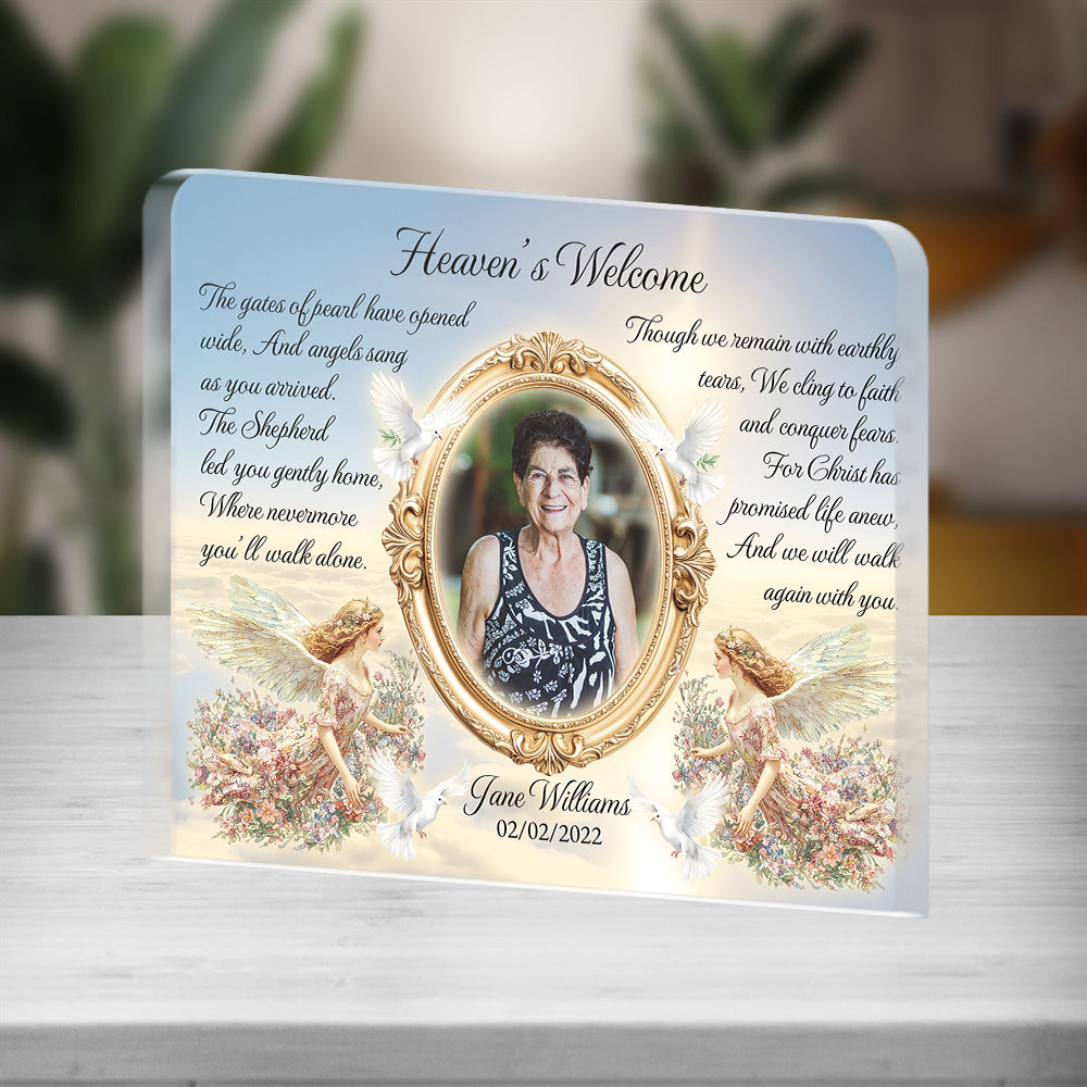Personalized Memorial Plaque with Photo – Angels & Doves, “Heaven’s Welcome” Christian Sympathy Gift