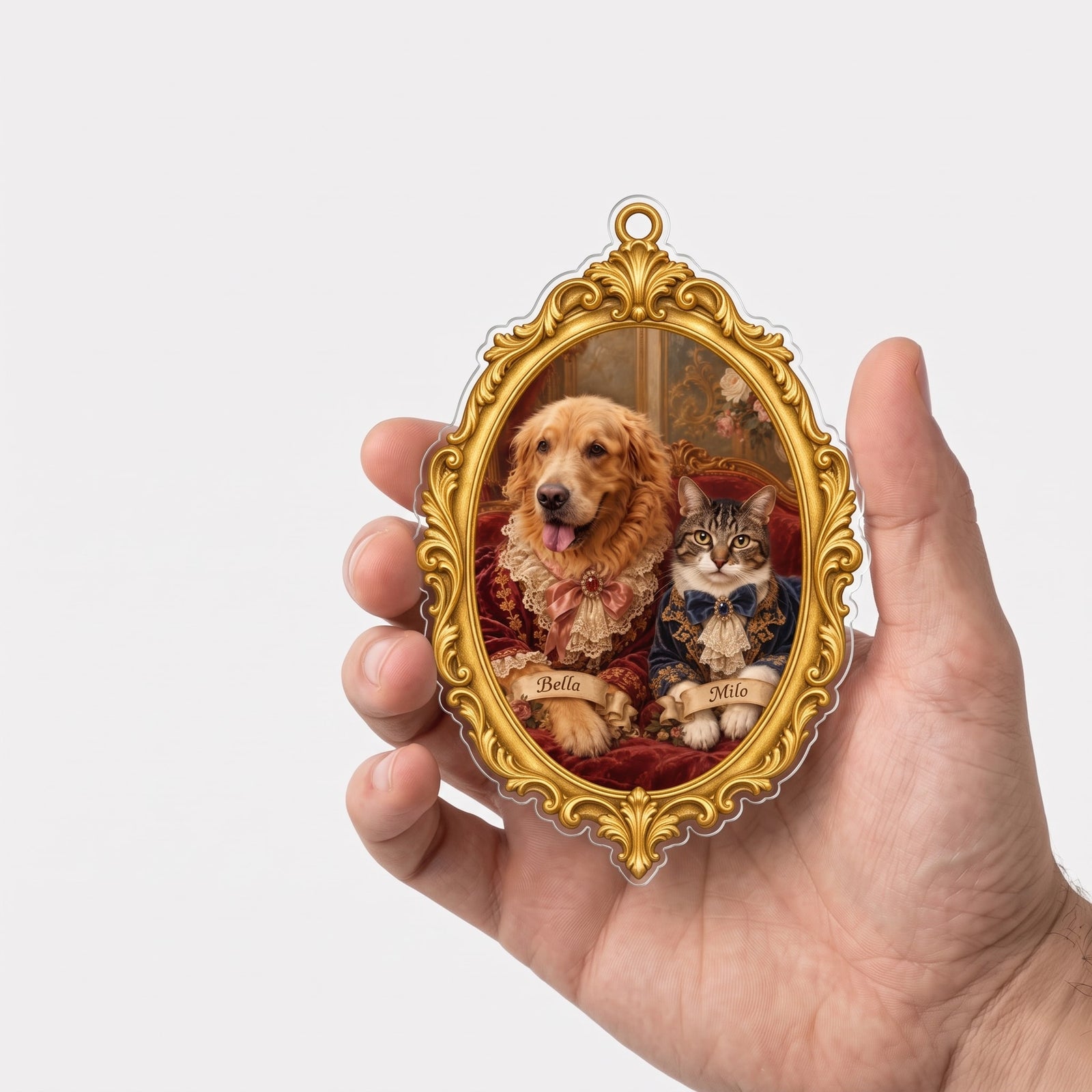 Personalized angel photo ornament held in a hand