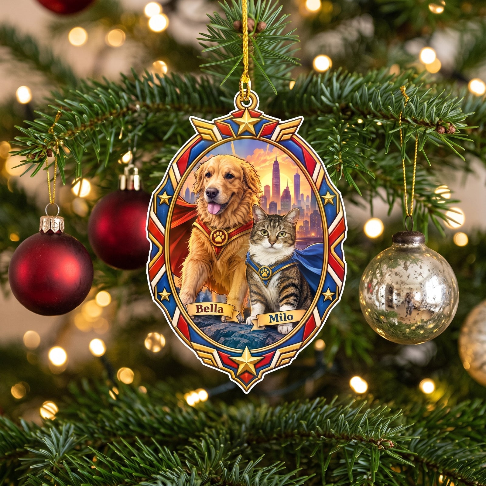 Personalized angel photo ornament hanging on a Christmas tree