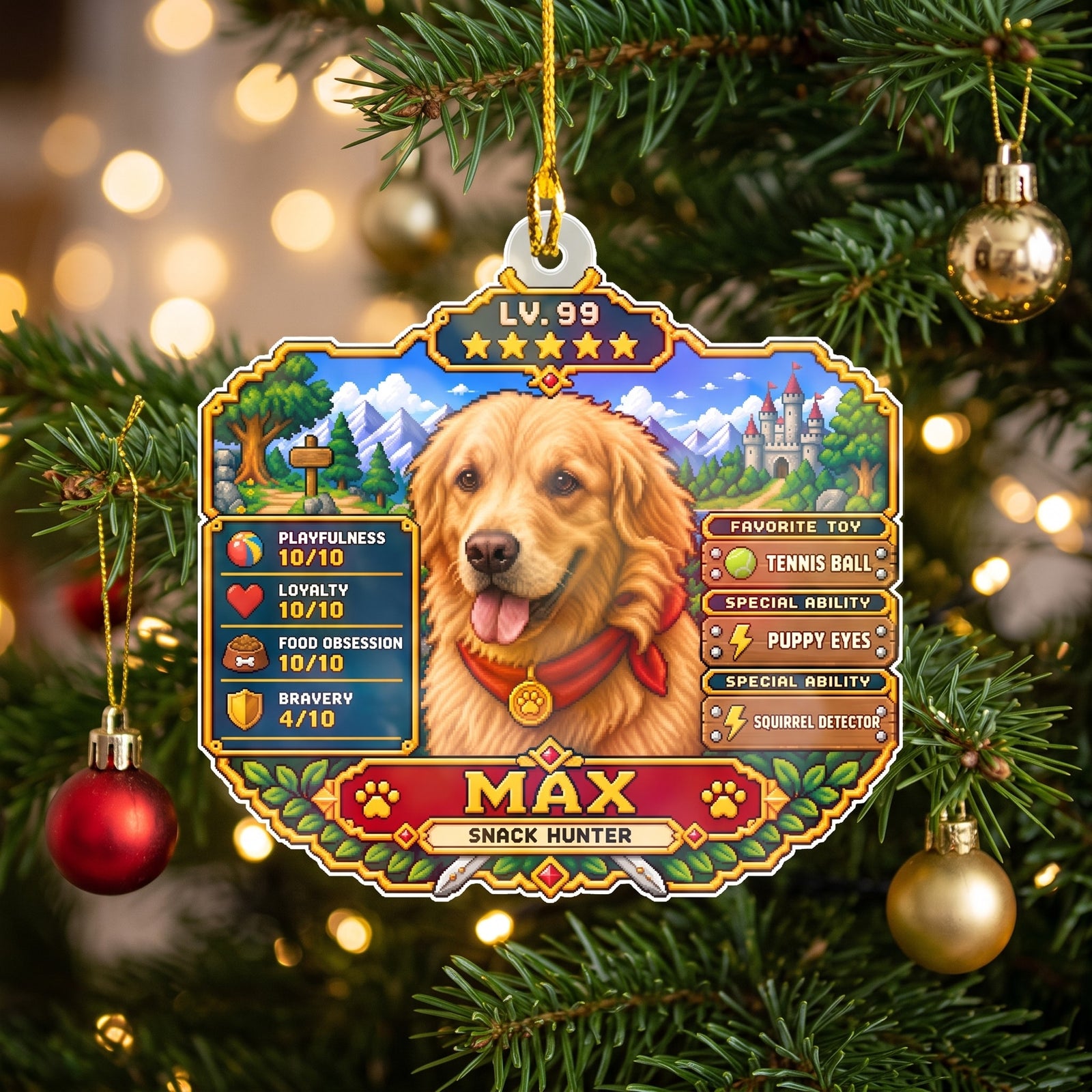 Personalized angel photo ornament hanging on a Christmas tree