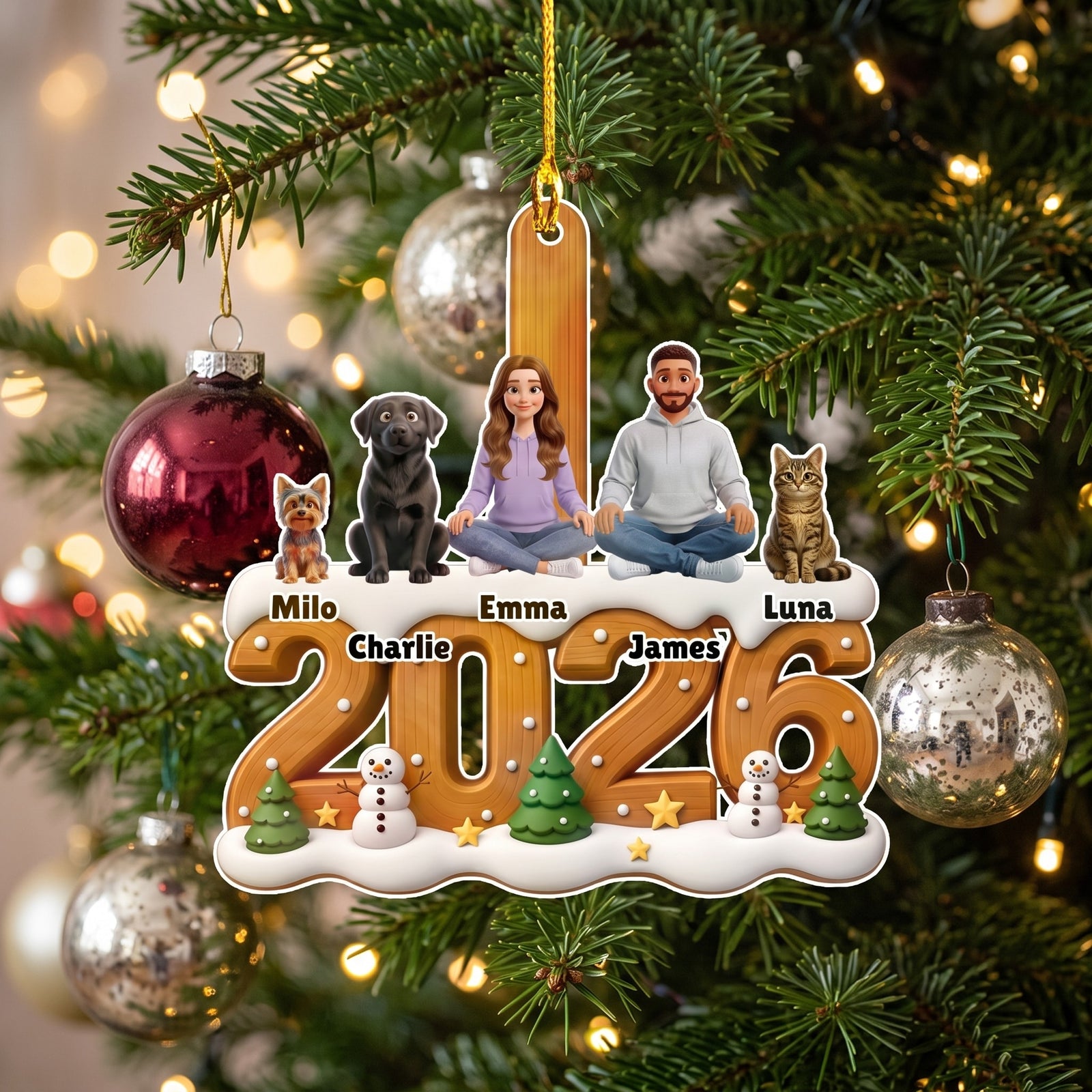 Personalized angel photo ornament hanging on a Christmas tree