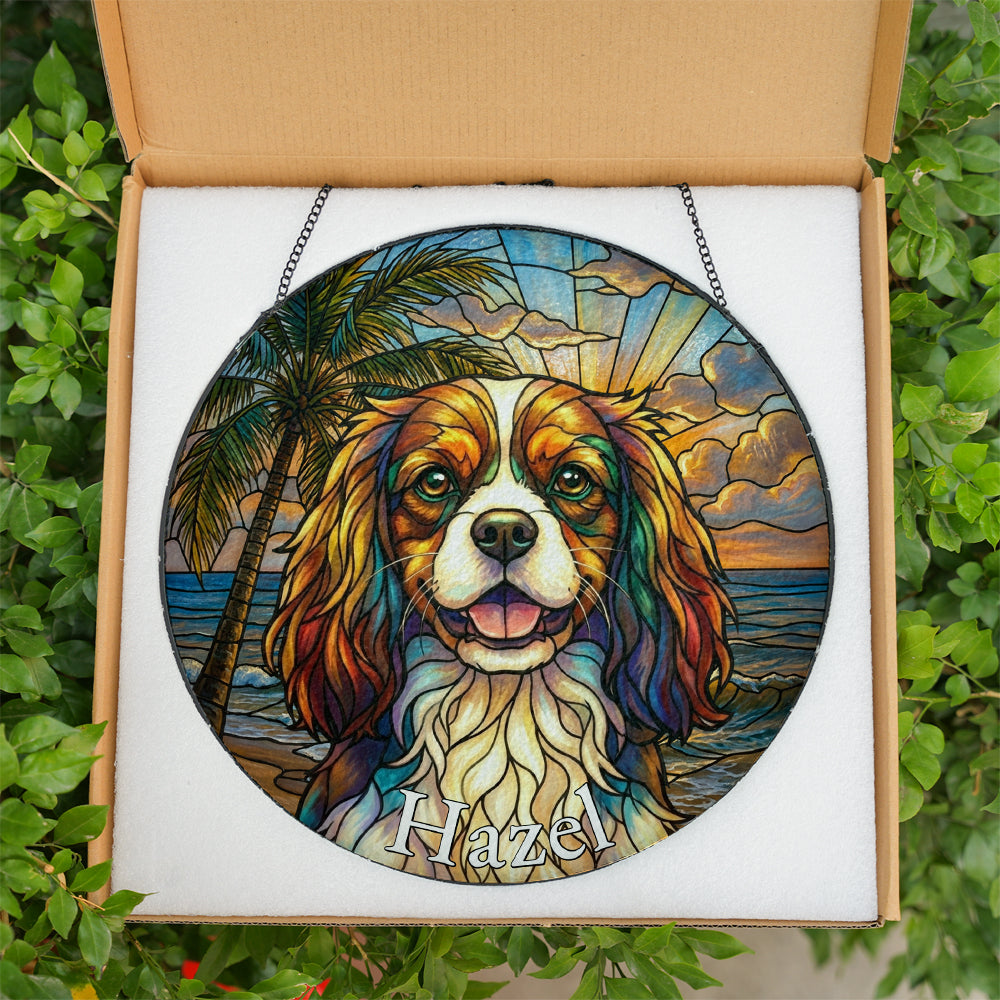 Personalized Cavalier Spaniel Beach Stained Glass Ornament