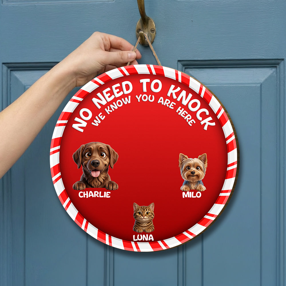 Personalized Christmas Pet Door Sign – “No Need to Knock, We Know You Are Here” – Cat or Dog Wooden Sign - Upload Photo
