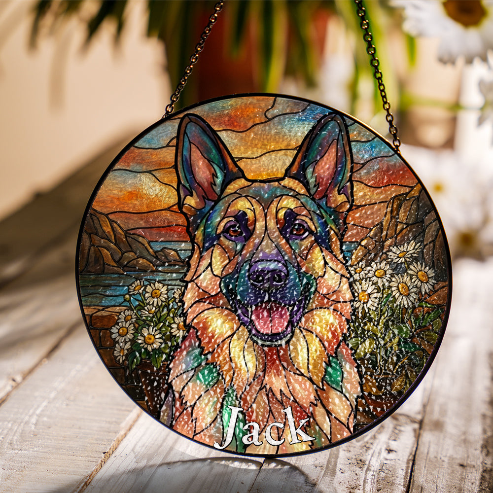 Personalized German Shepherd Daisy Stained Glass Ornament