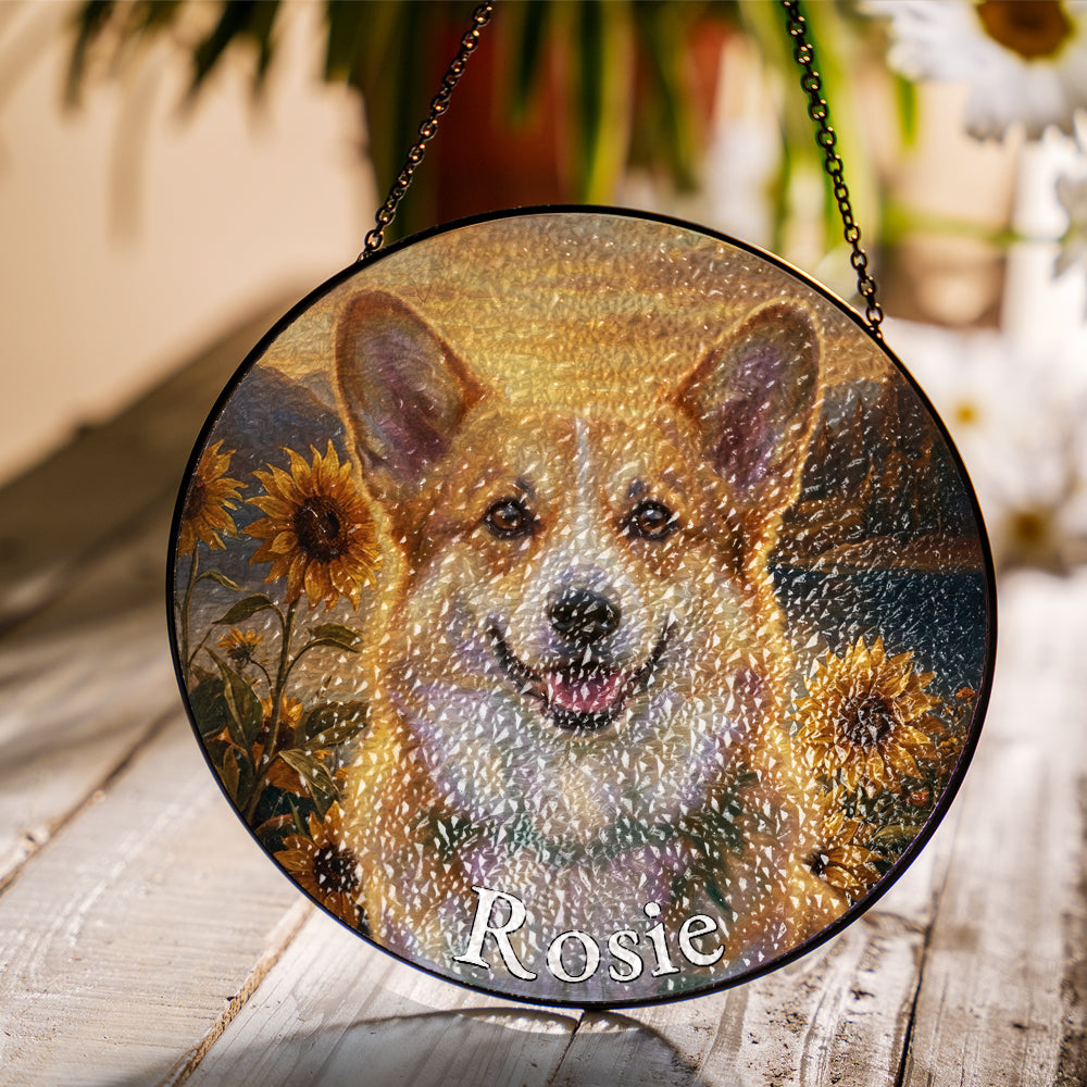 Personalized Corgi & Sunflowers Stained Glass Ornament