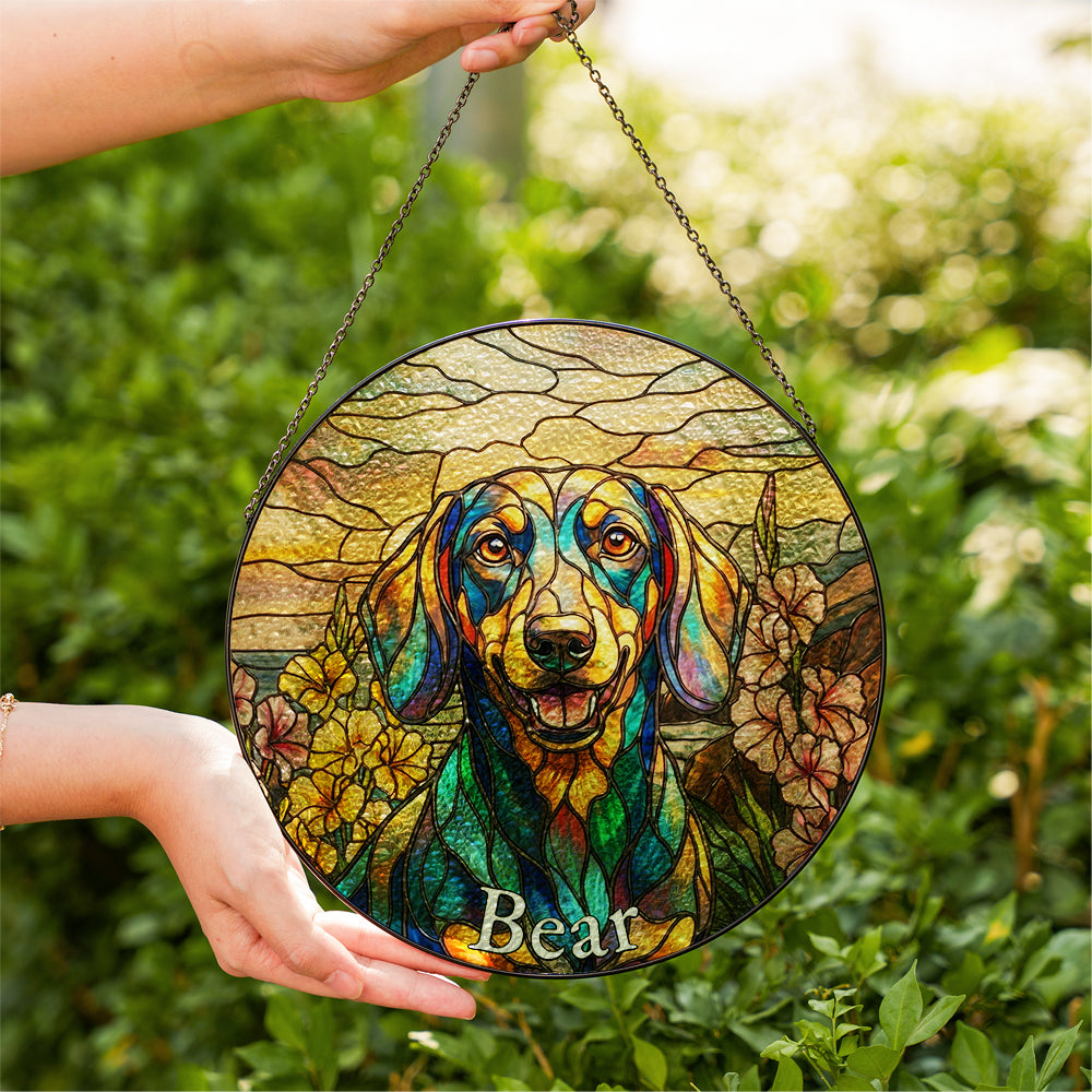 Personalized Dachshund & Flowers Stained Glass Ornament