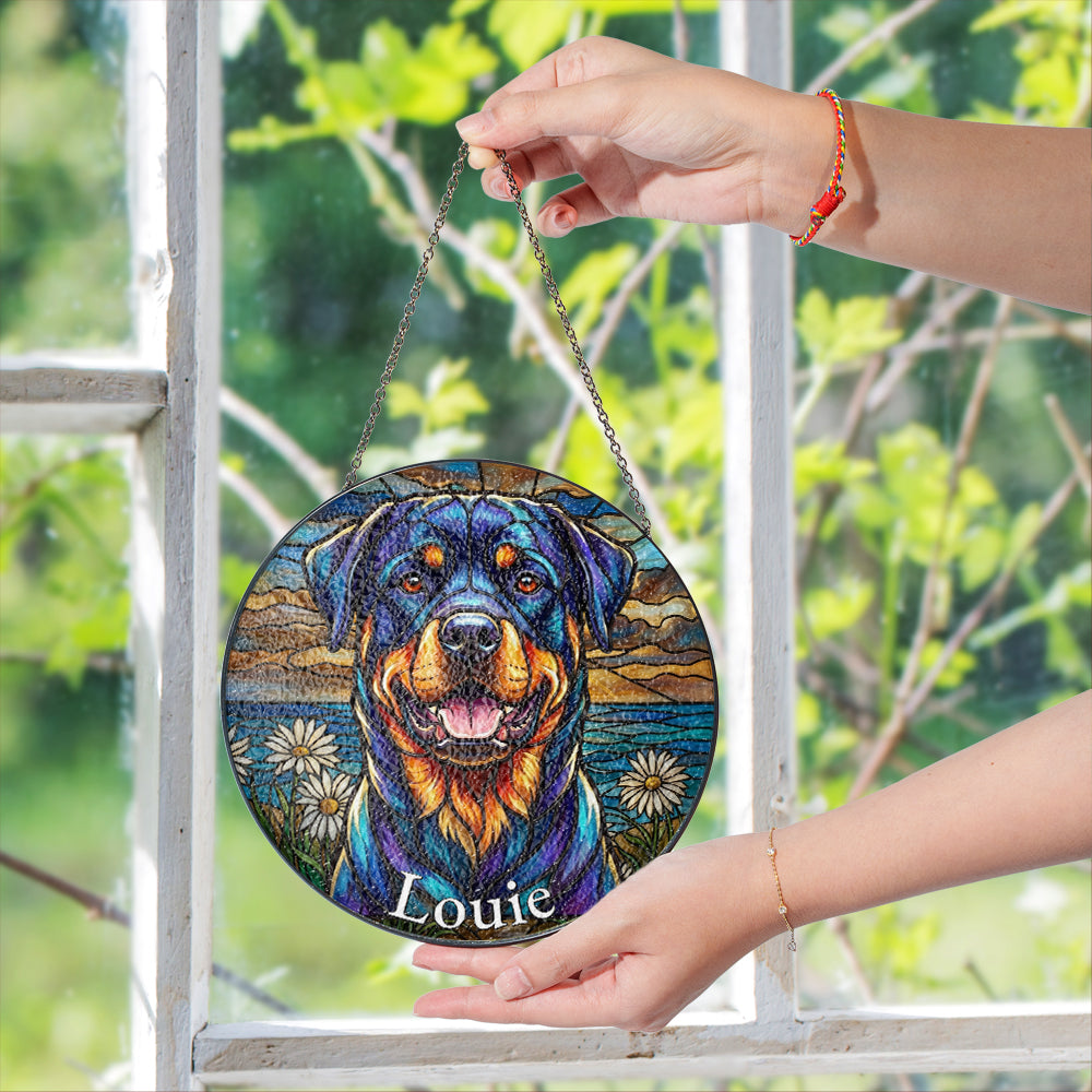 Personalized Rottweiler & Daisy Stained Glass Ornament