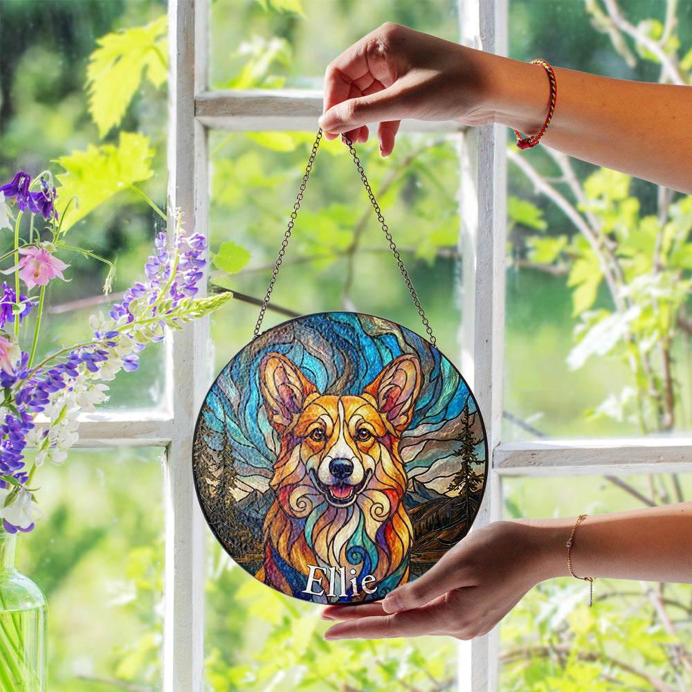 Personalized Corgi Mountainscape Stained Glass Ornament