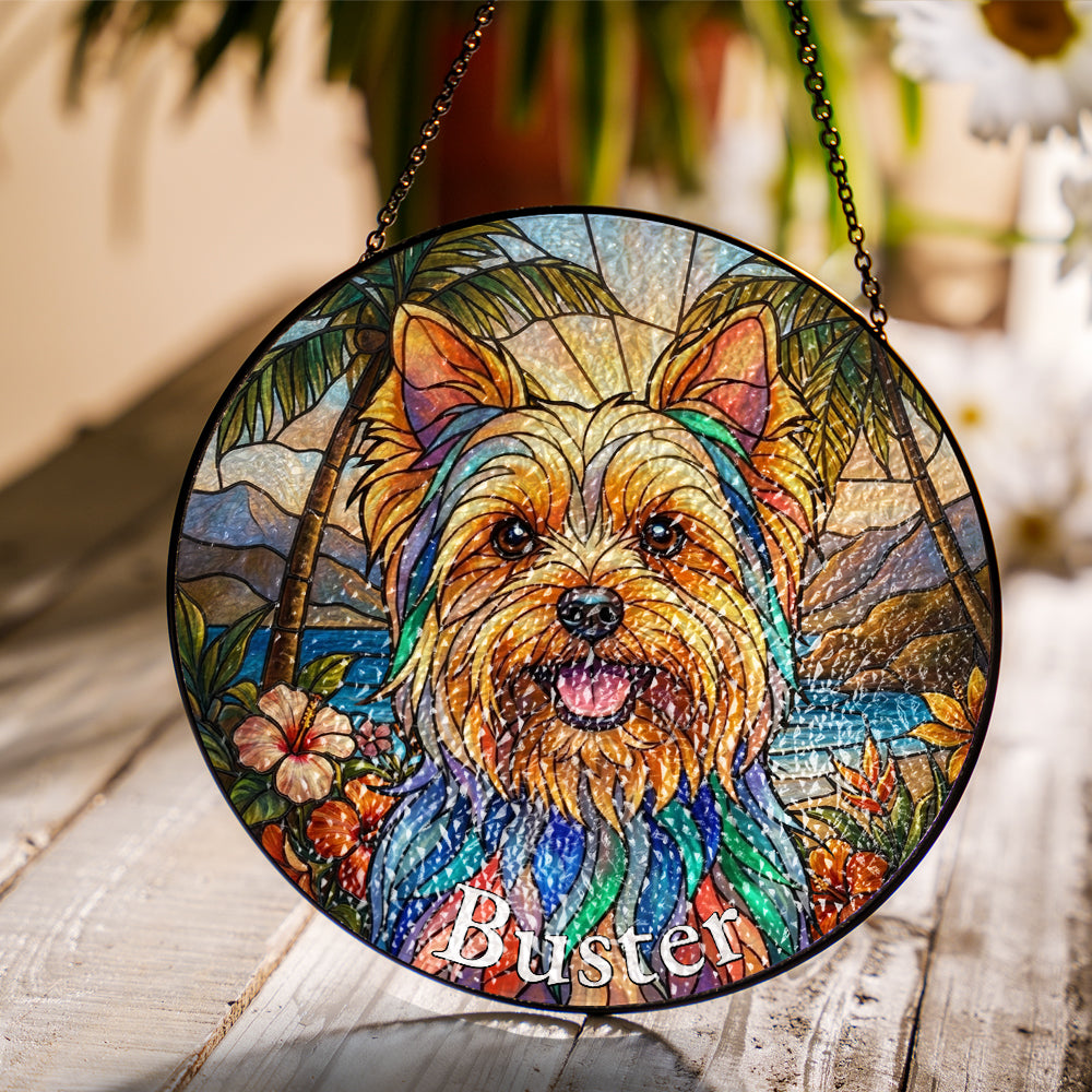 Personalized Tropical Pet Portrait Stained Glass Ornament