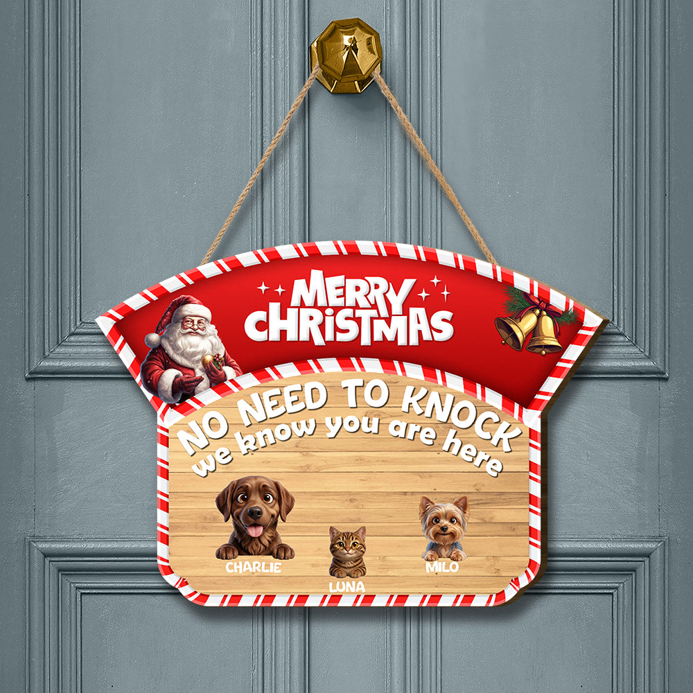 Personalized Christmas Pet Door Sign – “No Need to Knock, We Know You Are Here” – Cat or Dog Wooden Sign - Upload Photo