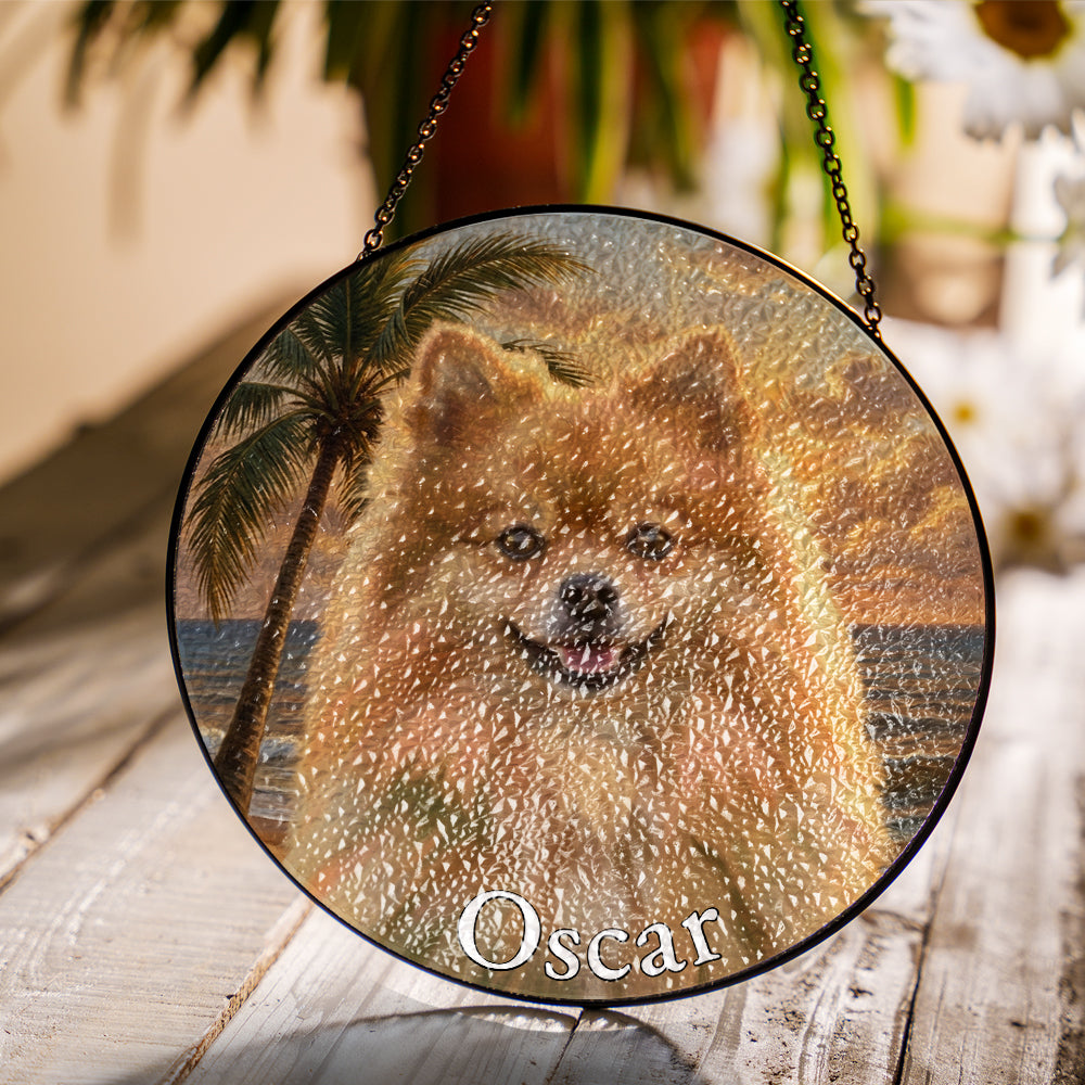 Personalized Pet Portrait Sunset Stained Glass Ornament