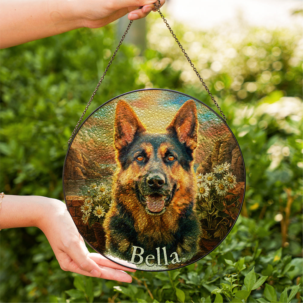 Personalized German Shepherd Daisies Stained Glass Ornament
