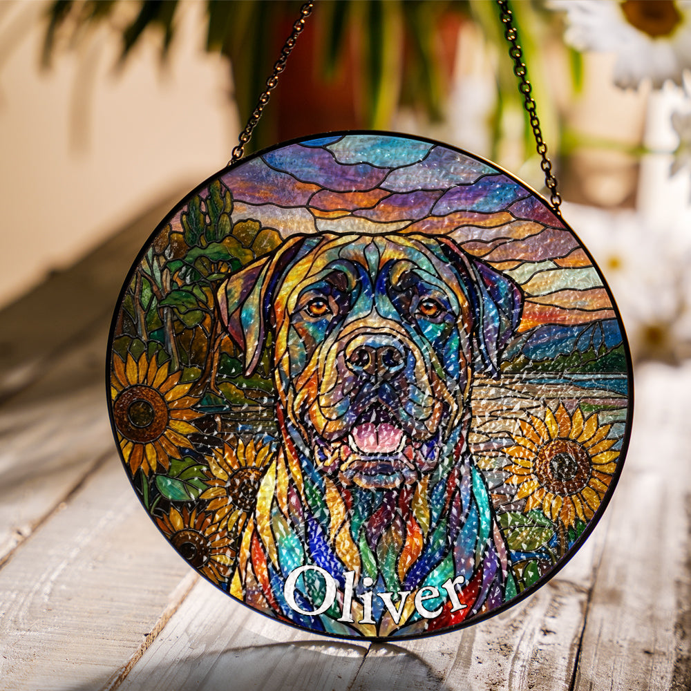 Personalized Dog & Sunflower Stained Glass Ornament