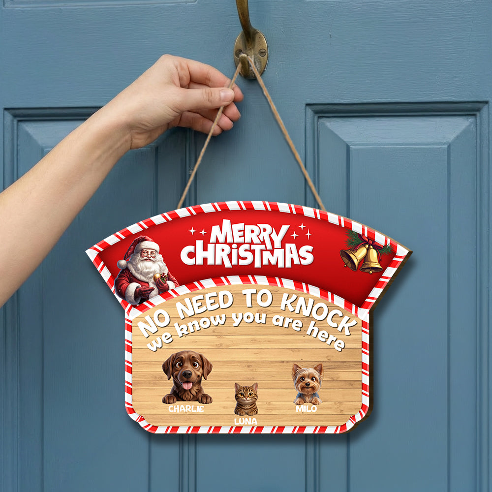 Personalized Christmas Pet Door Sign – “No Need to Knock, We Know You Are Here” – Cat or Dog Wooden Sign - Upload Photo