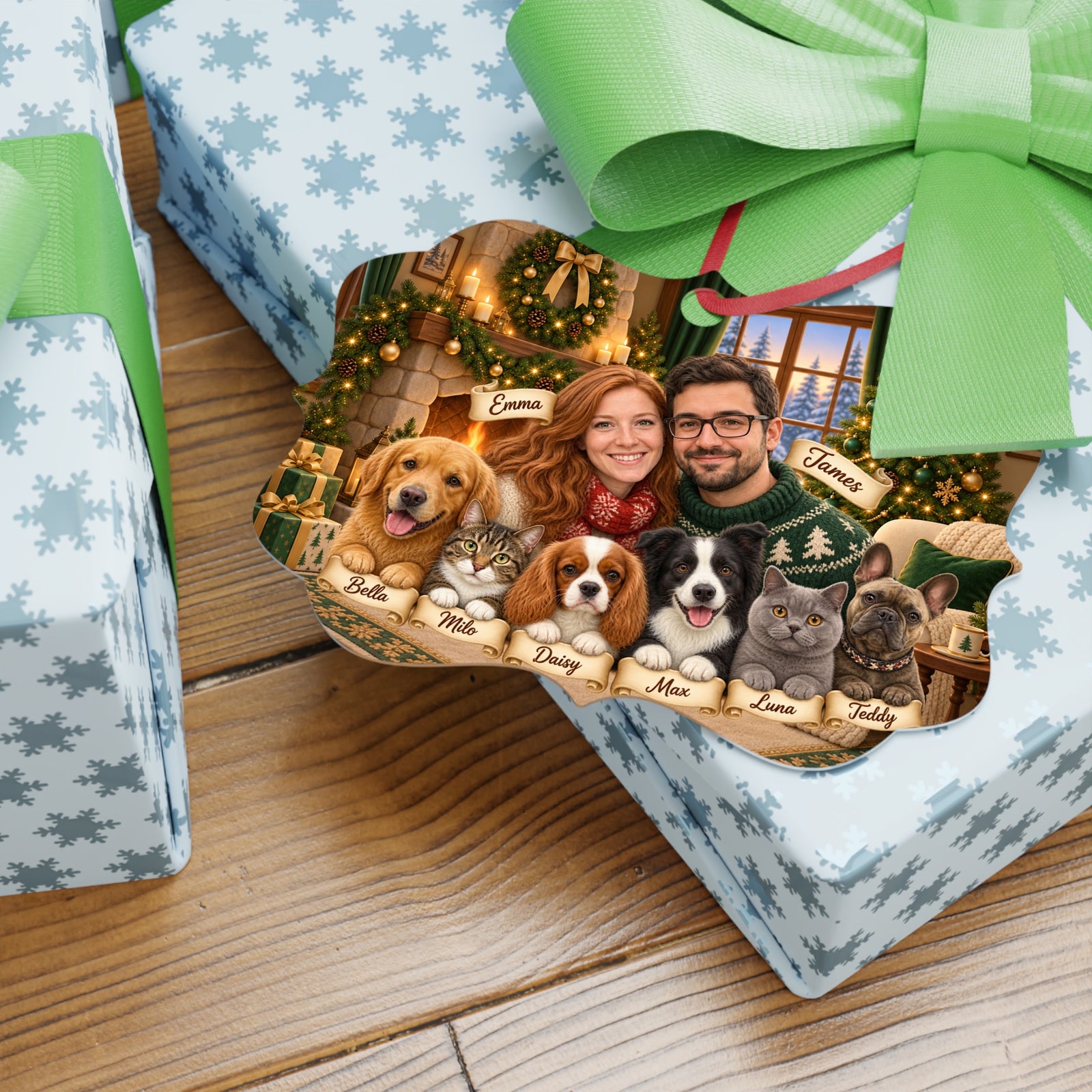 Christmas couple and pets ornament on a wrapped gift box