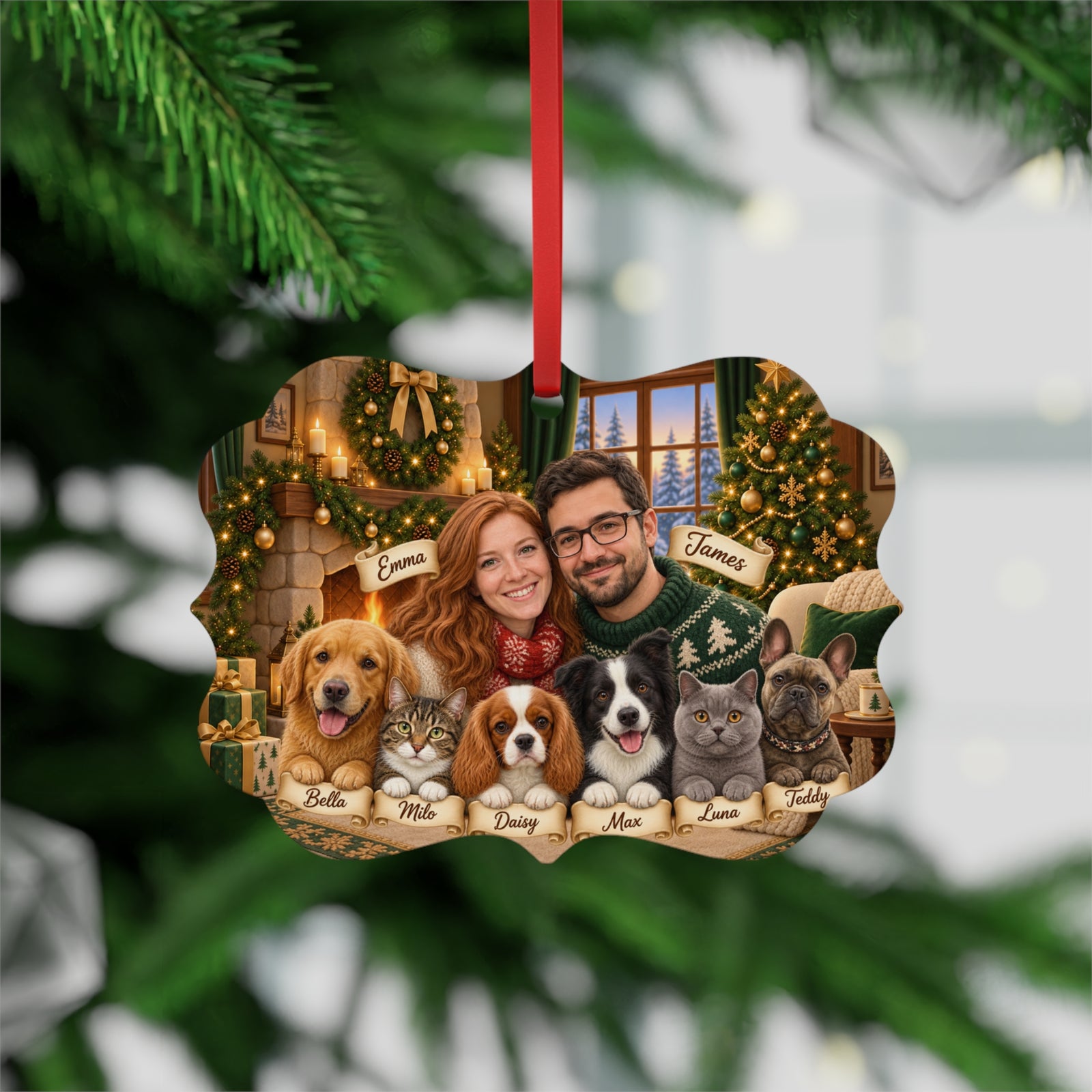 Personalized Christmas couple and pets ornament hanging on a Christmas tree