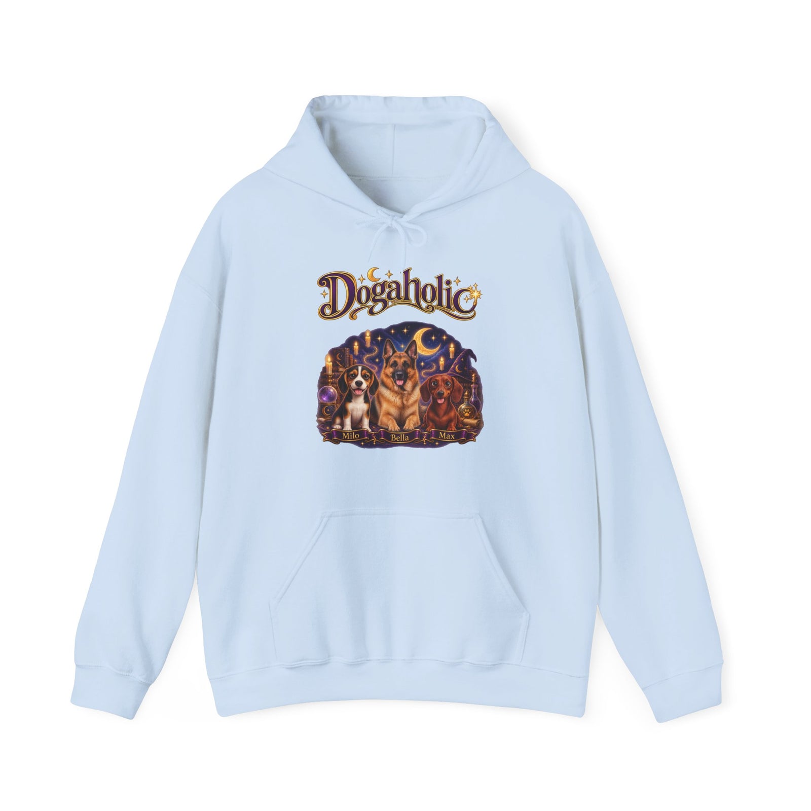 Personalized Graphic Tee – Dogaholic Wizard Dogs – Hoodie Light Blue