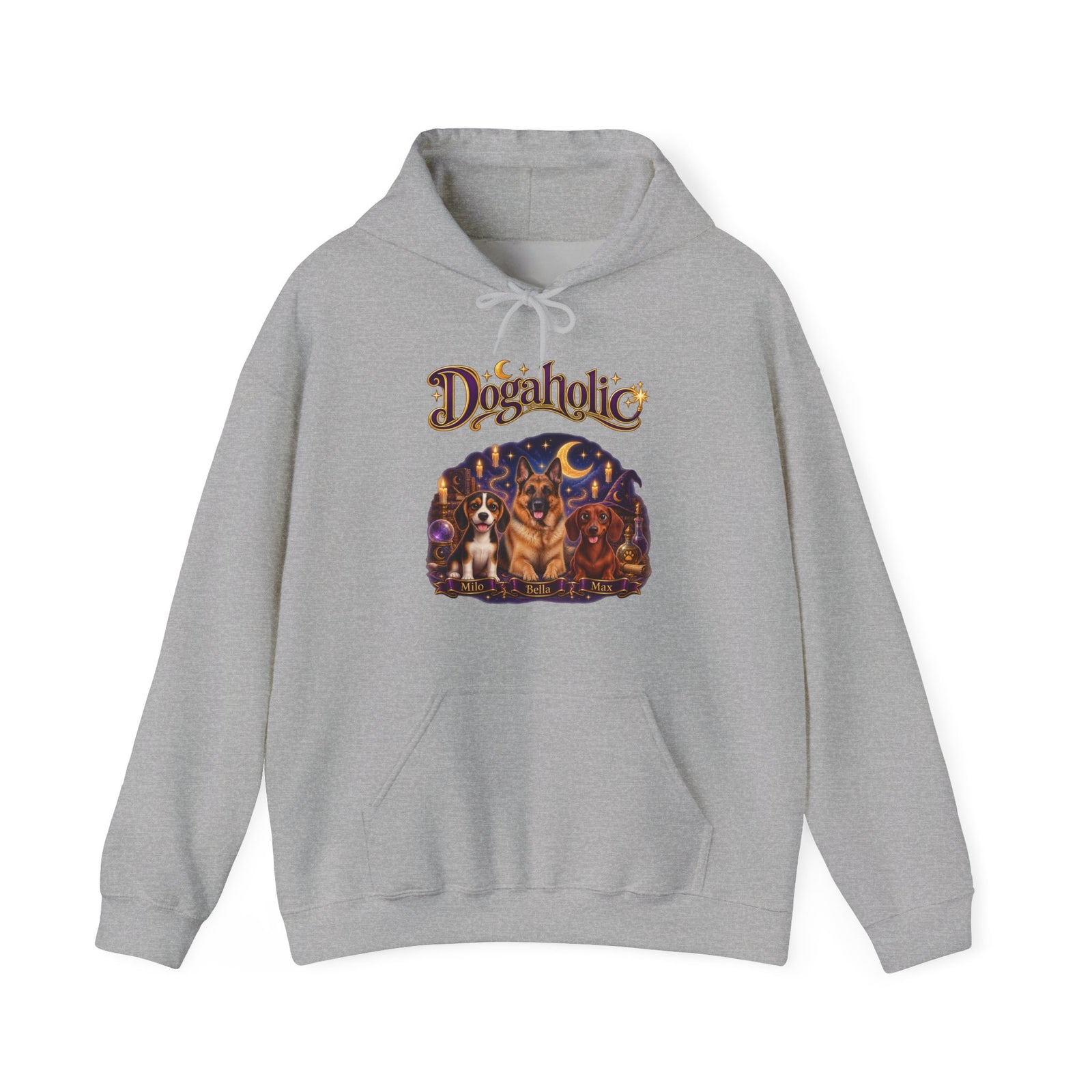 Personalized Graphic Tee – Dogaholic Wizard Dogs – Hoodie Sport Grey