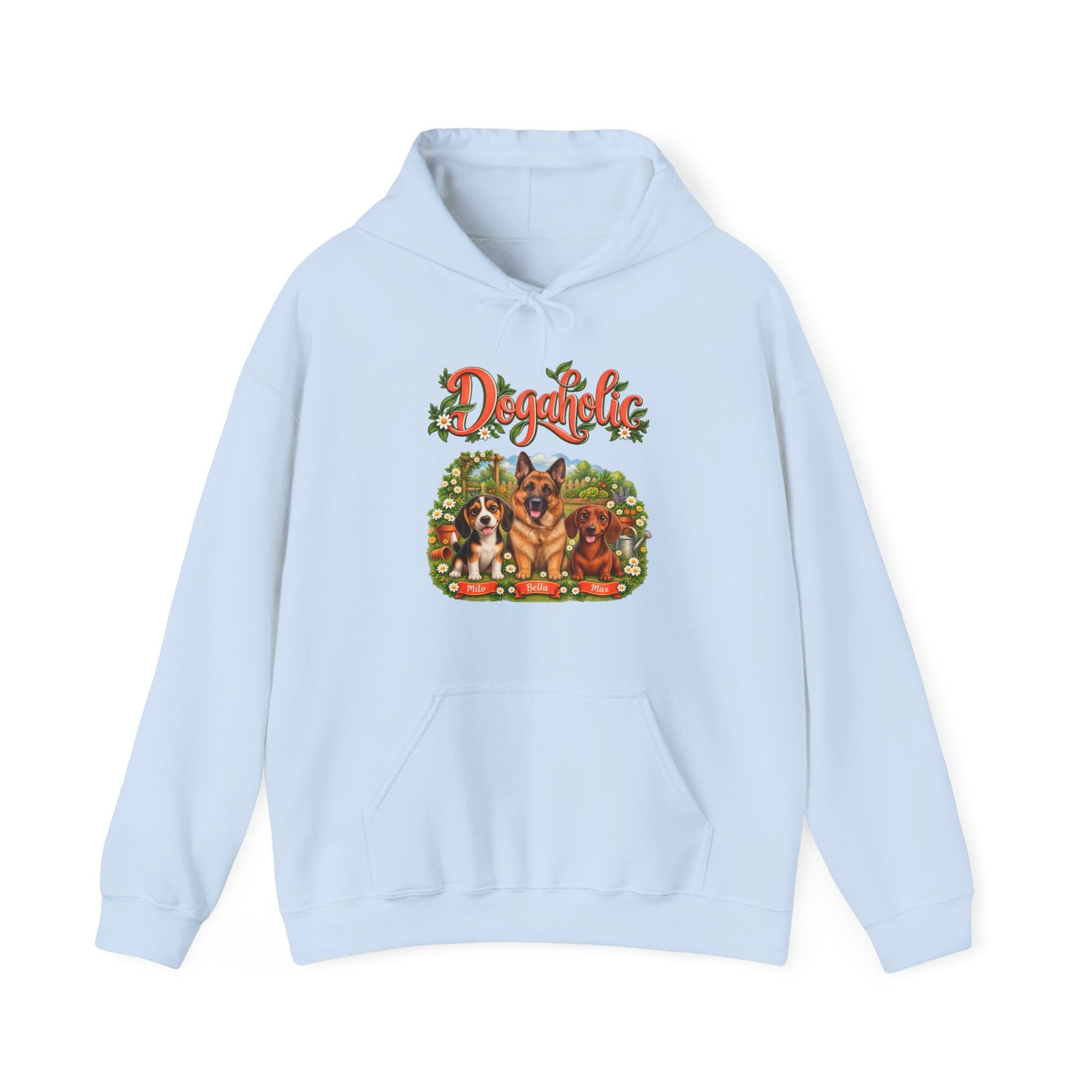 Personalized Graphic Tee – Dogaholic Garden – Hoodie Light Blue