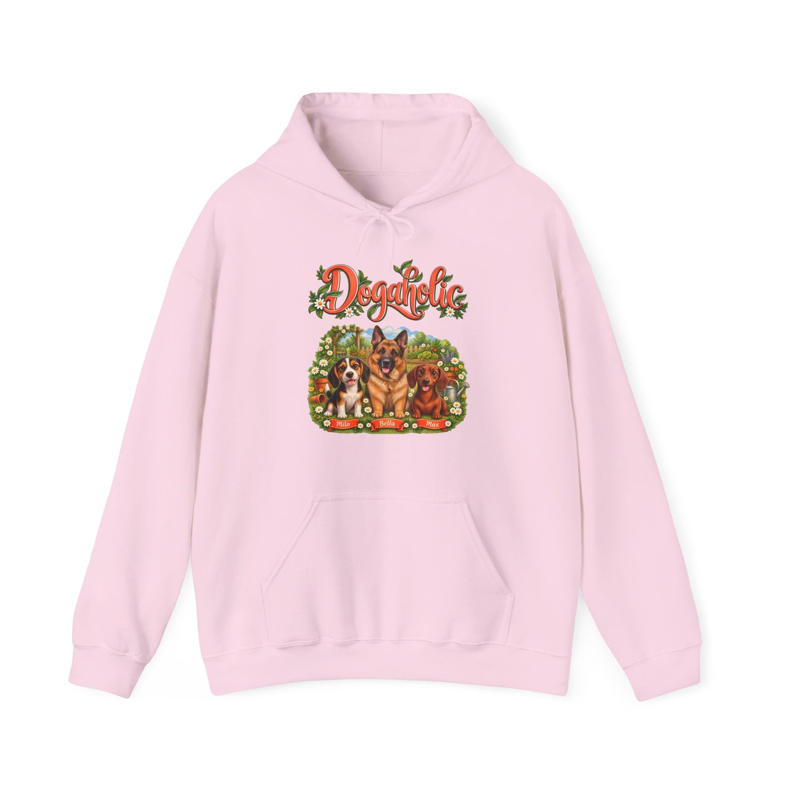 Personalized Graphic Tee – Dogaholic Garden – Hoodie Light Pink