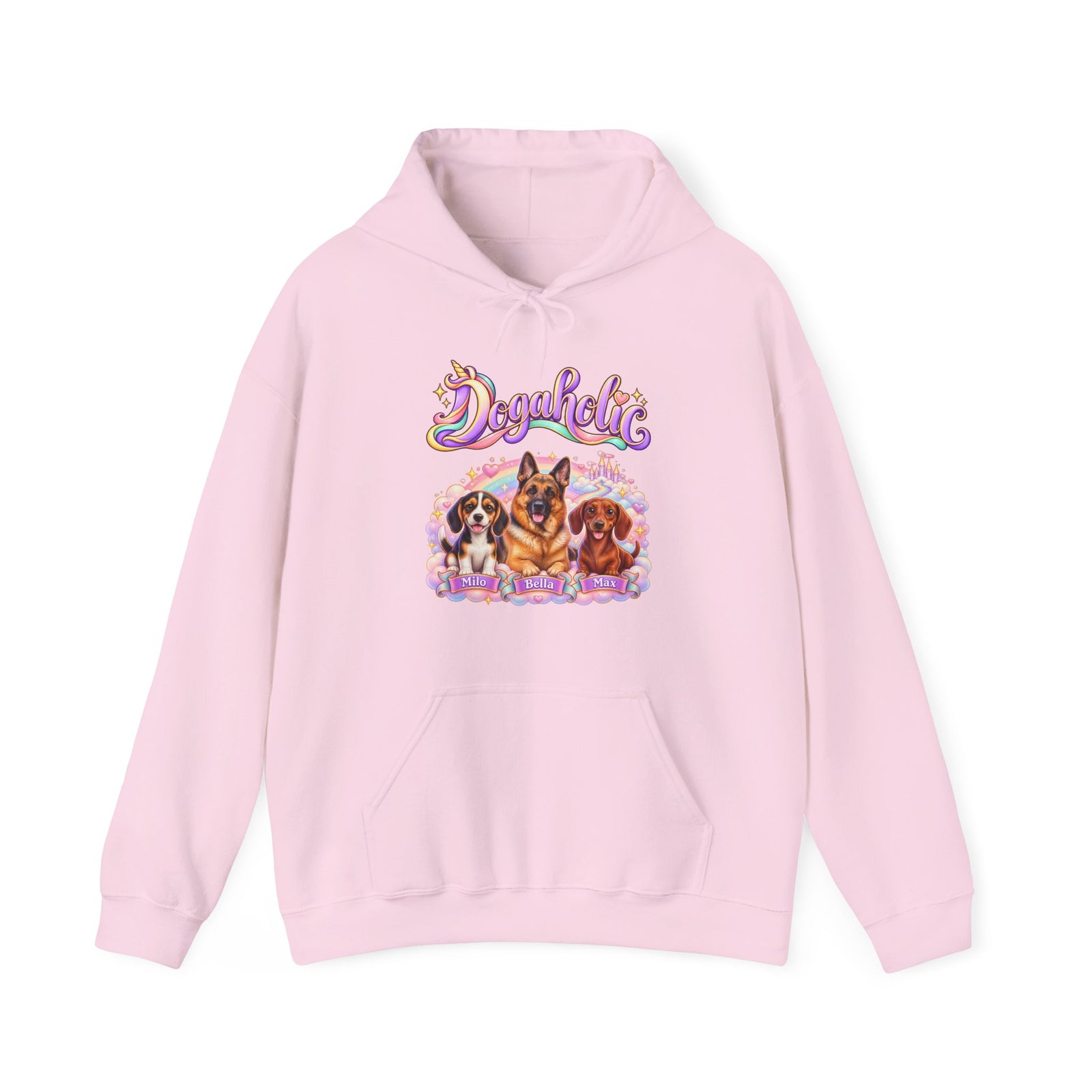 Personalized Graphic Tee – Dogaholic Unicorn Rainbow – Hoodie Light Pink