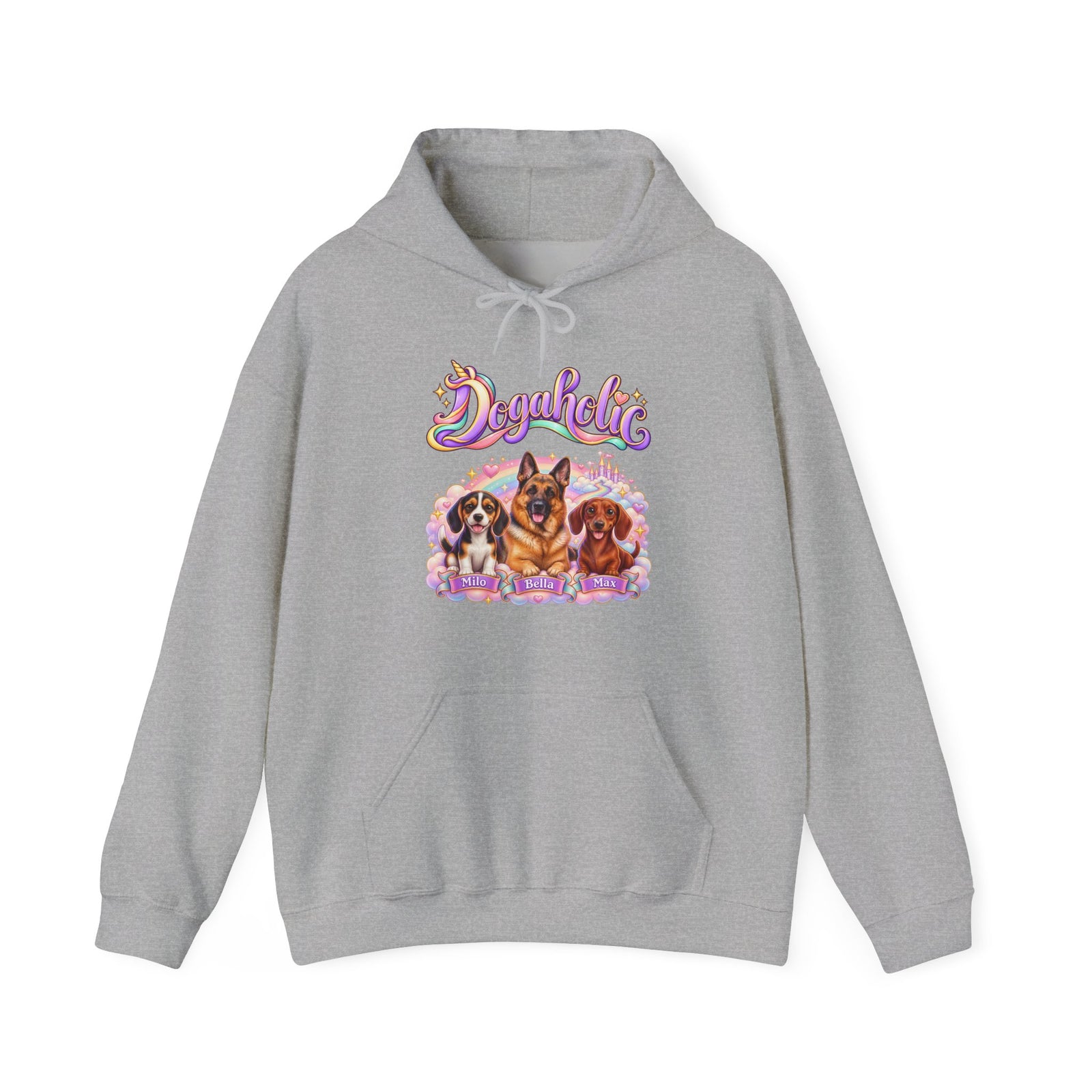 Personalized Graphic Tee – Dogaholic Unicorn Rainbow – Hoodie Sport Grey