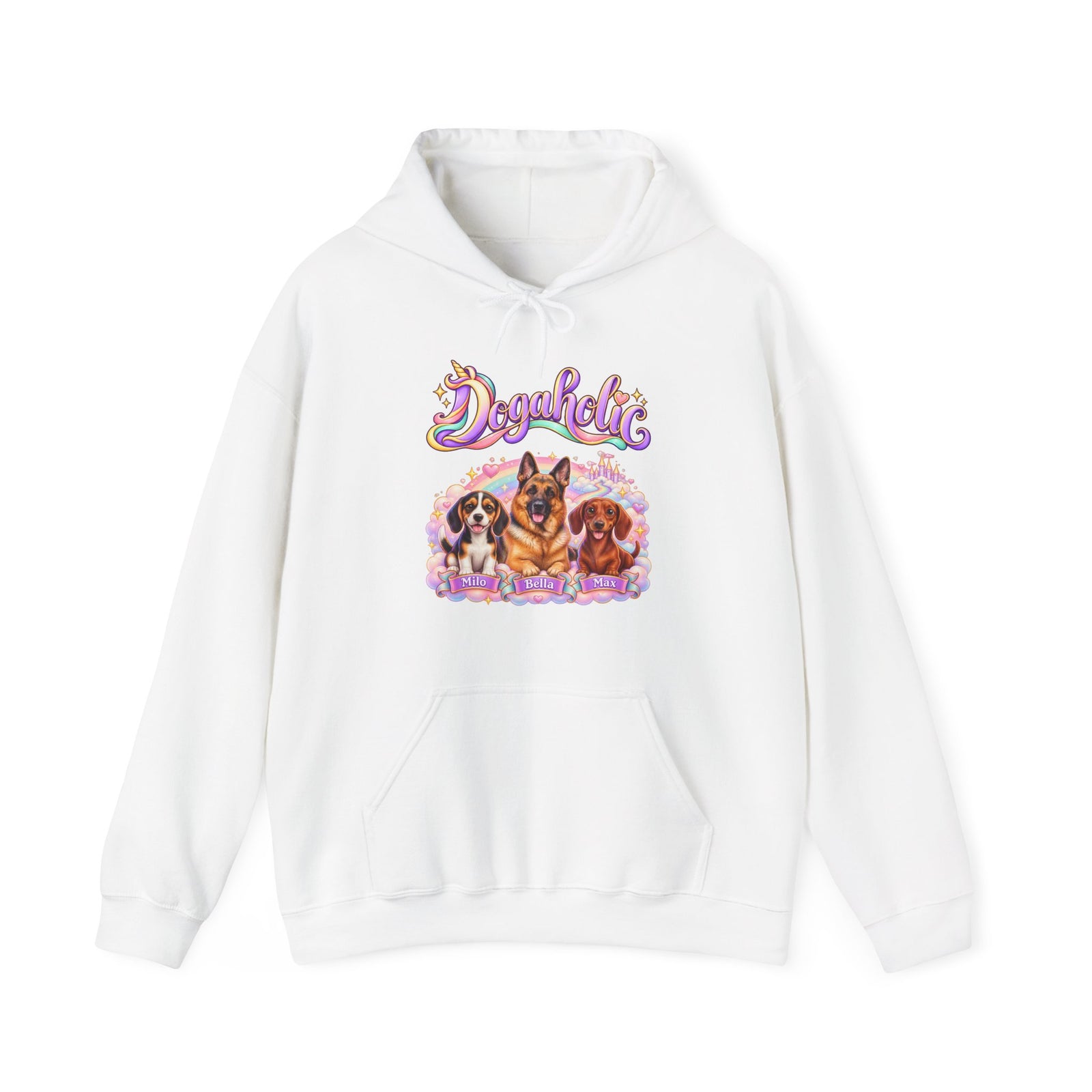 Personalized Graphic Tee – Dogaholic Unicorn Rainbow – Hoodie White