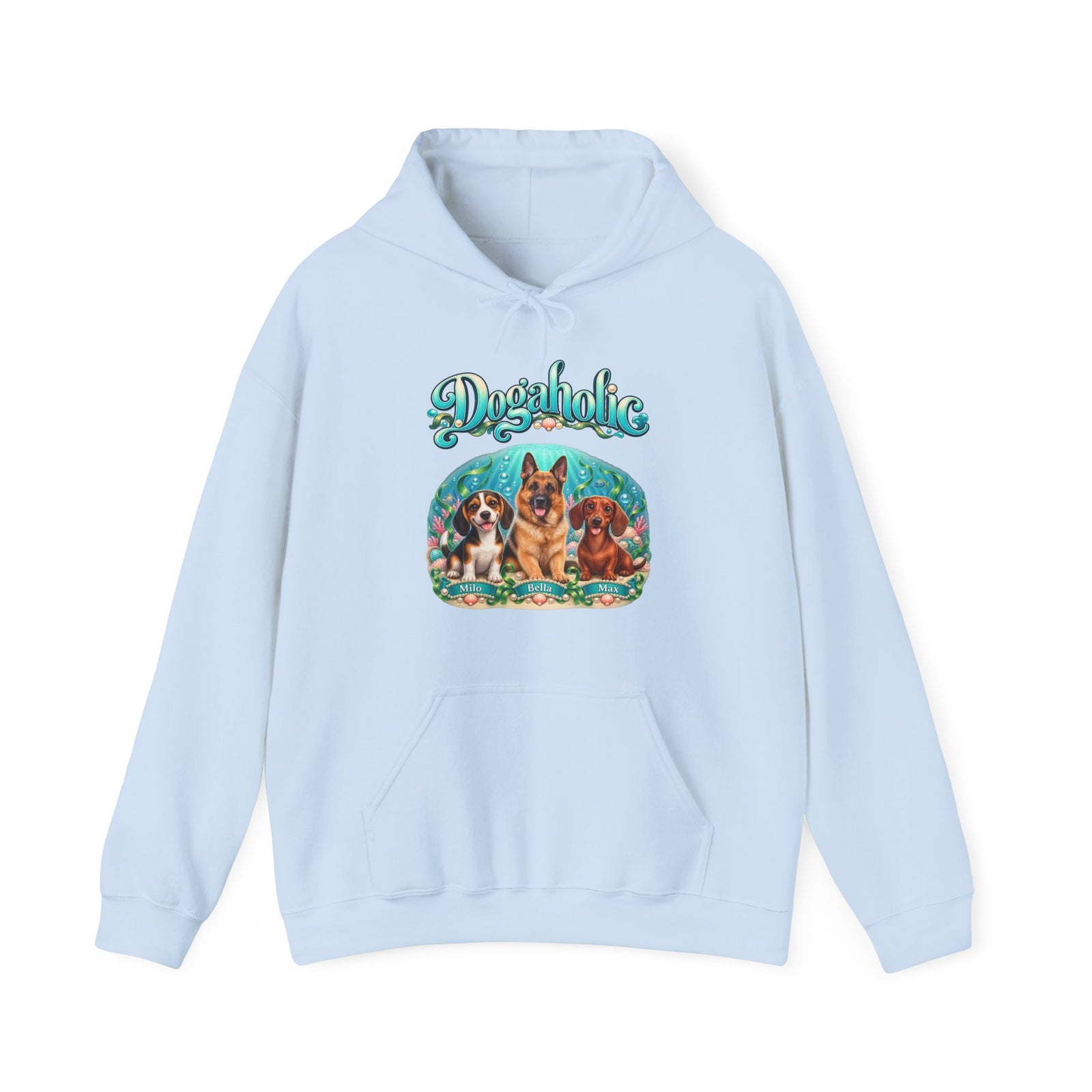 Personalized Graphic Tee – Dogaholic Mermaid Dogs – Hoodie Light Blue